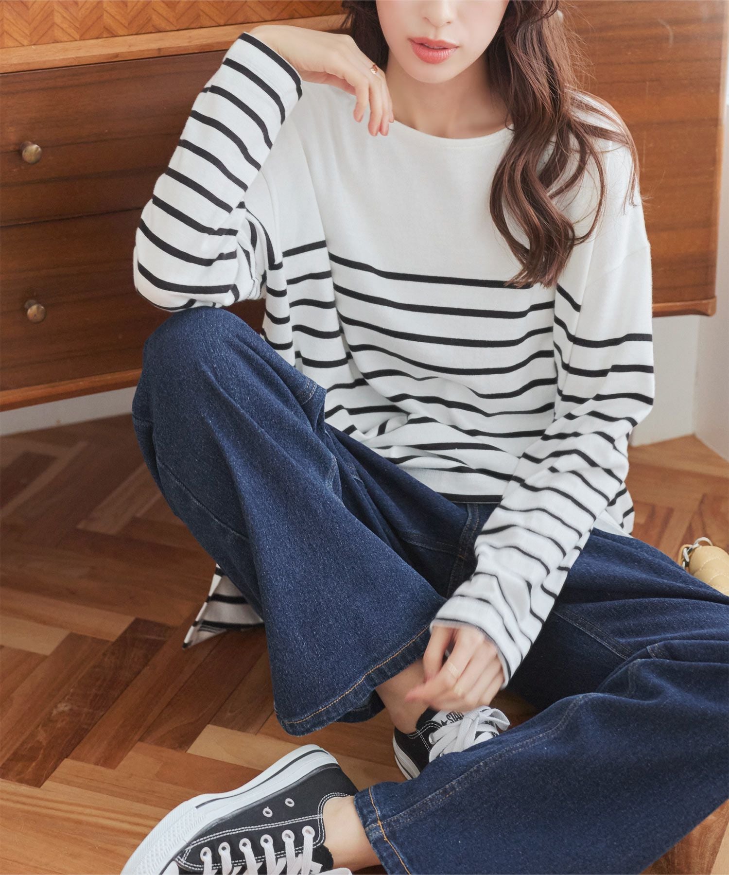 コウベレタス KOBE LETTUCE ゆったり シンプルカットソーチュニック 【パネル】 [C3864]  体型カバー Tシャツ ロングTシャツ チュニック 大きめサイズ,オフ×ブラック