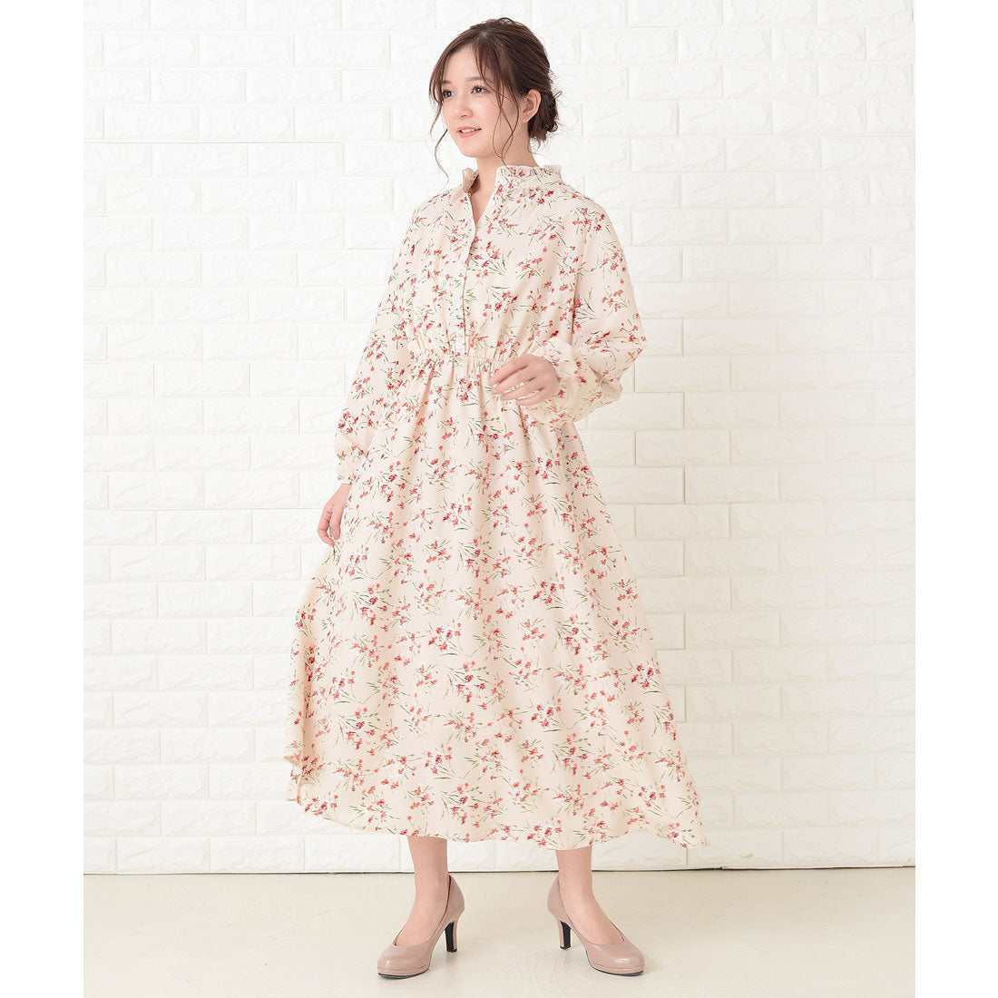 レースレディース Lace Ladies 花柄フレア 長袖ロングワンピース （アイボリー） アイボリー
