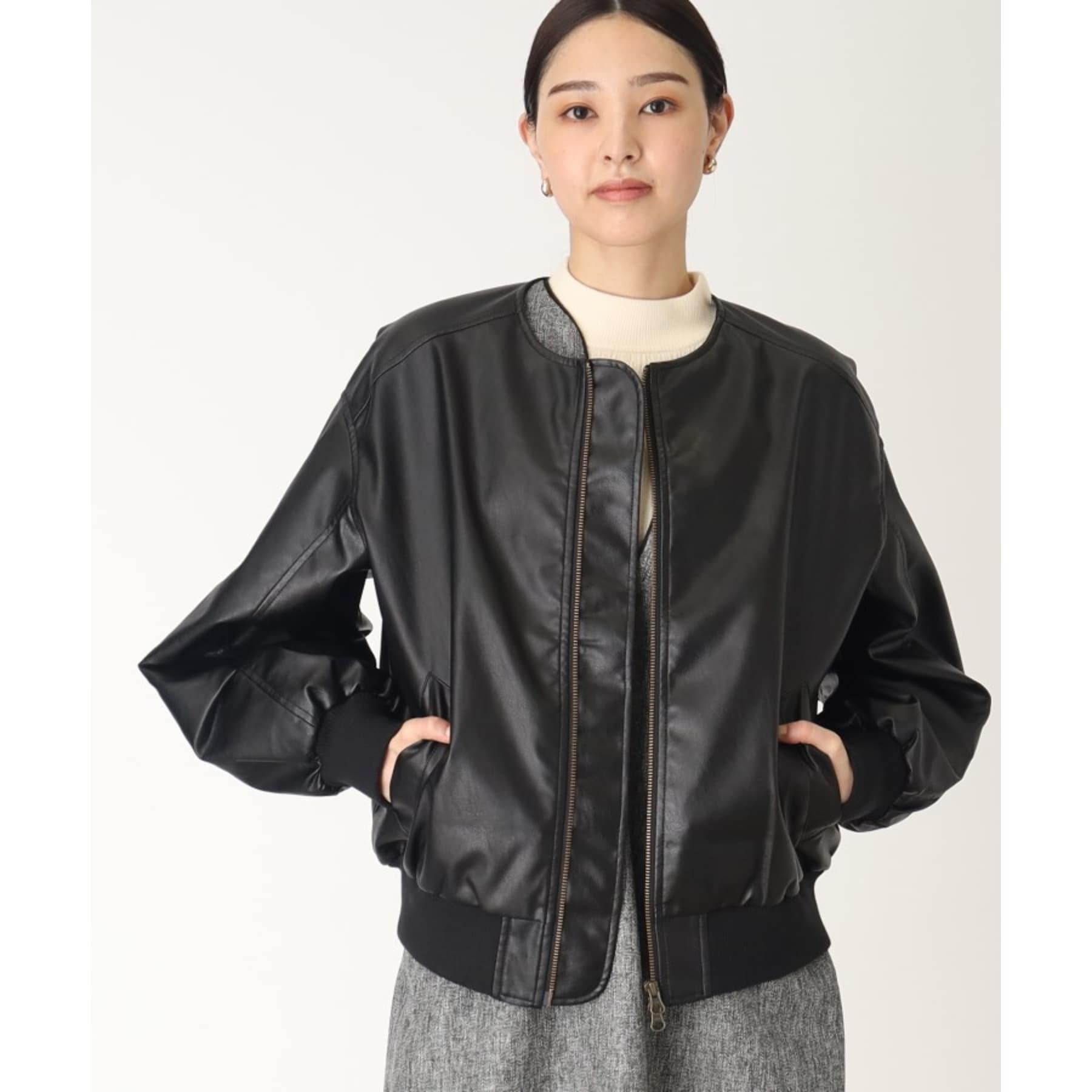 ザ ショップ ティーケー (ウィメン) THE SHOP TK(Women) 袖タックノーカラーフェイクレザーブルゾン （ブラック(019)） ブラック(019)