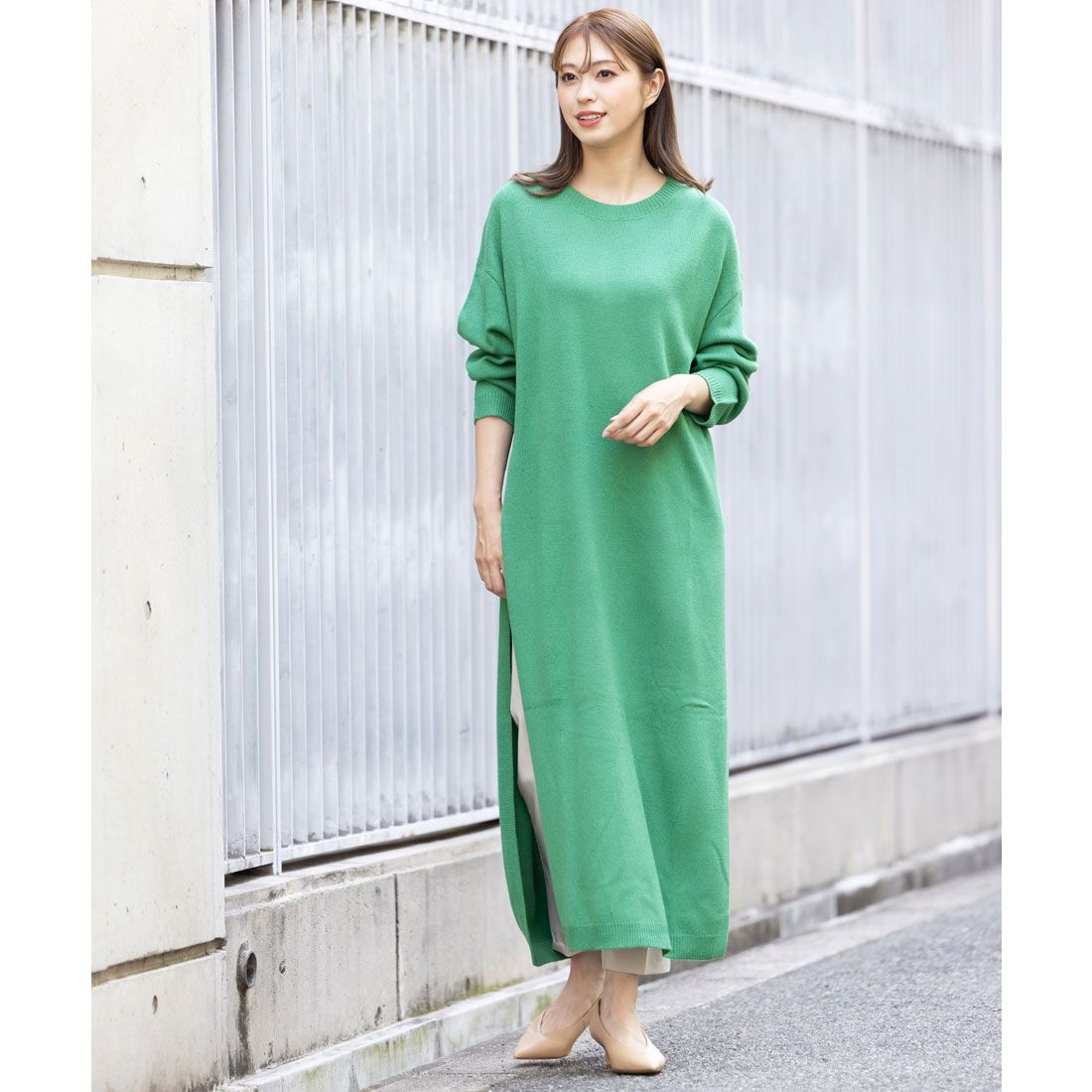 ミリアンデニ mili an deni クルーネックサイドスリットニットロングワンピース,グリーン