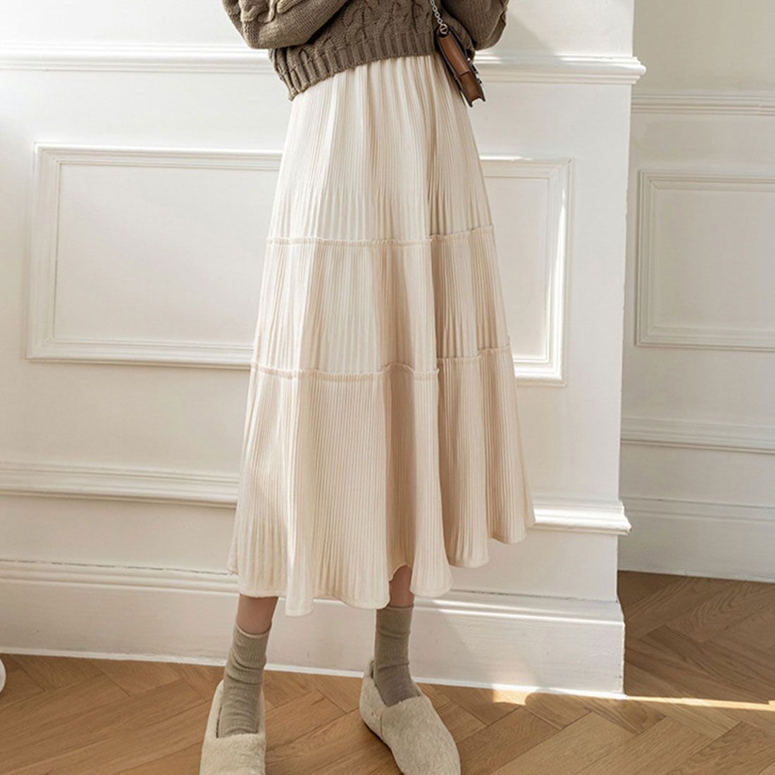 デューリリー Dewlily ミモレ丈フレアスカート レディース 春服 秋 冬 10代 20代 30代 韓国ファッション プリーツ Aライン 膝下 ロング スクール ふんわり 大きいサイズ