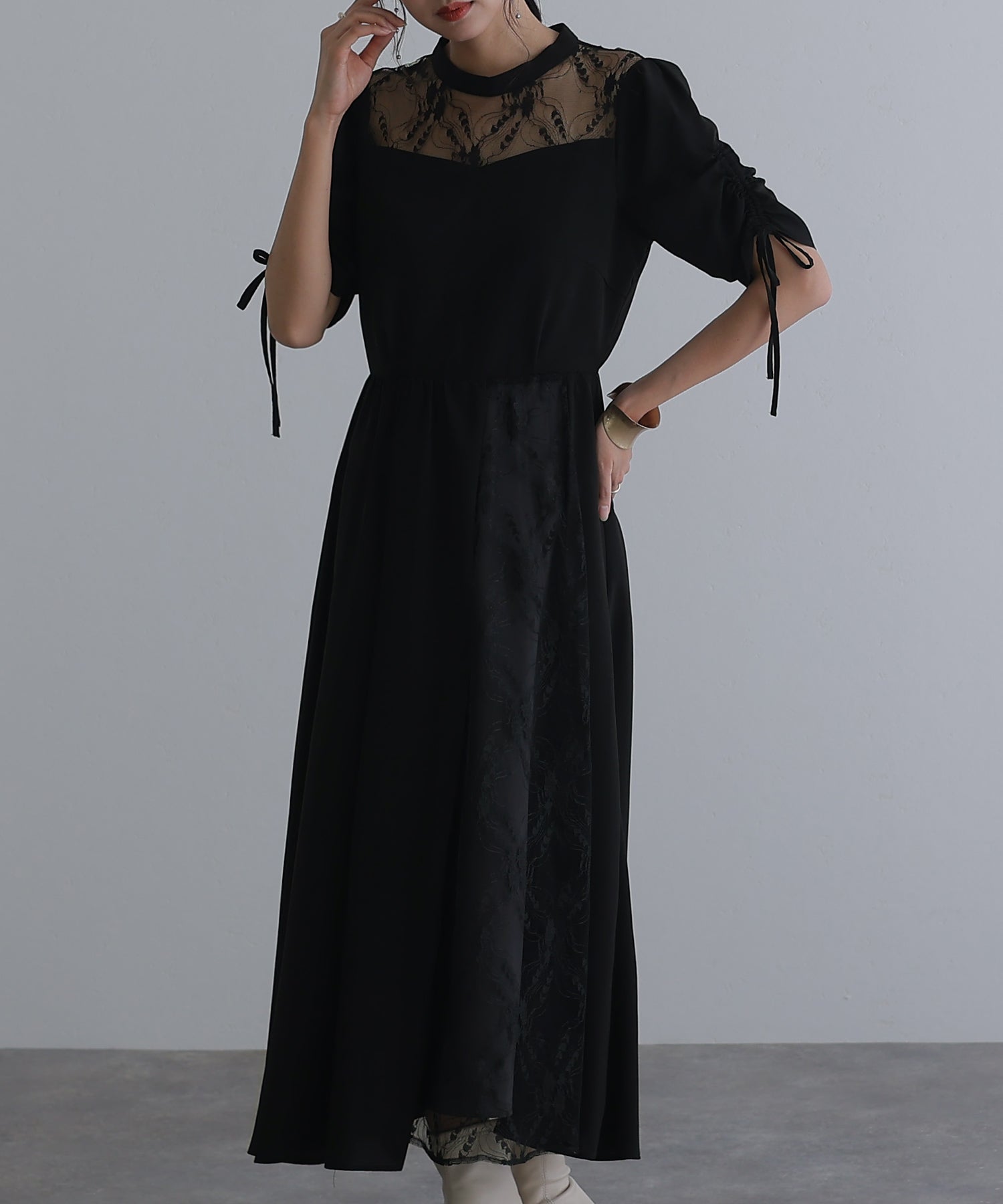 プールヴー PourVous ミモレ丈&袖ありフォーマルギャザースリーブ大きいサイズ結婚式パーティードレス ワンピース 20代 30代 40代 （ブラック） ブラック