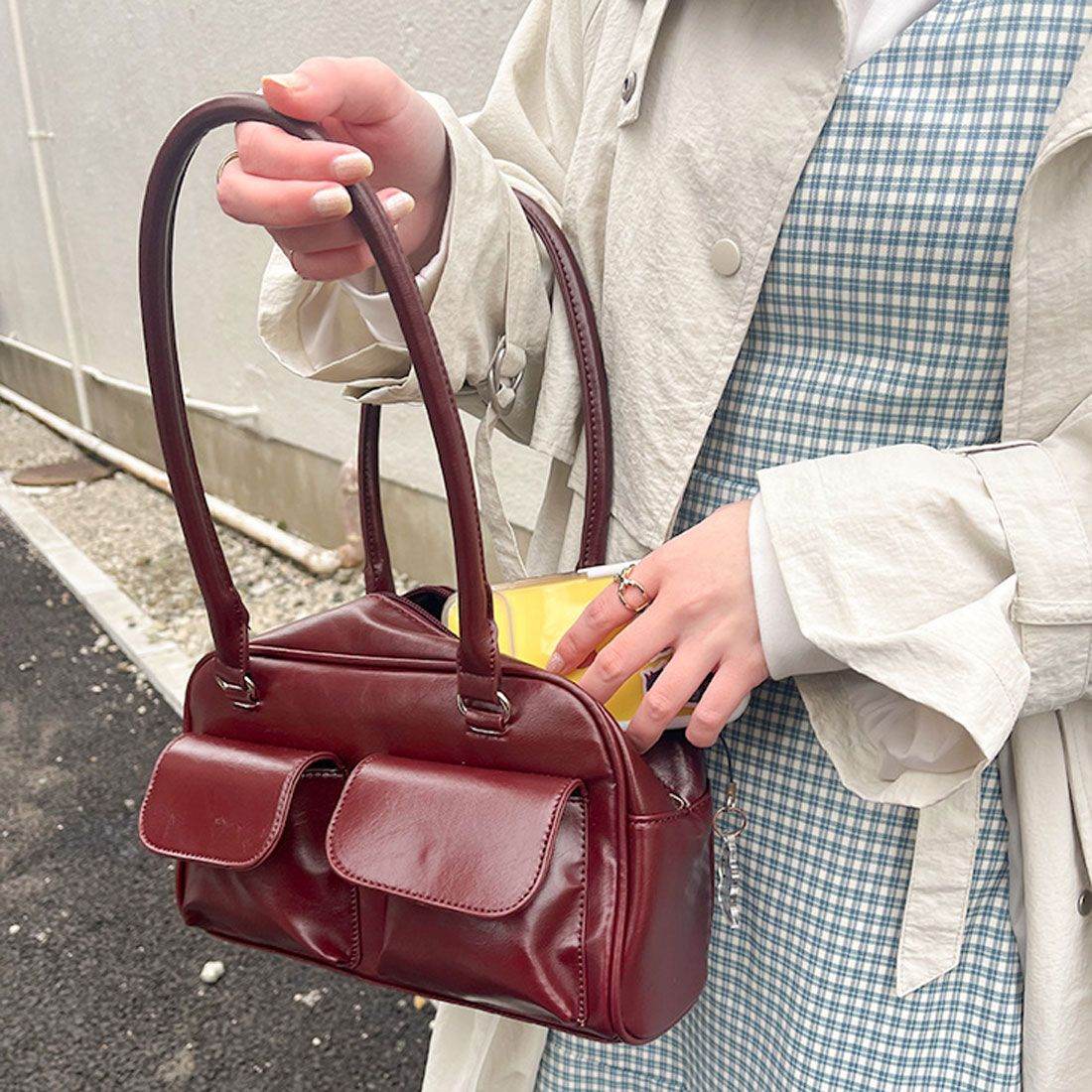 リアルスタイル REAL STYLE ハンドバッグ トートバッグ レディース 軽い 小さめ おしゃれ 通勤 黒 合皮 ミニ 女の子 通学 フェイクレザー 可愛い 韓国 シンプル,ワインレッド