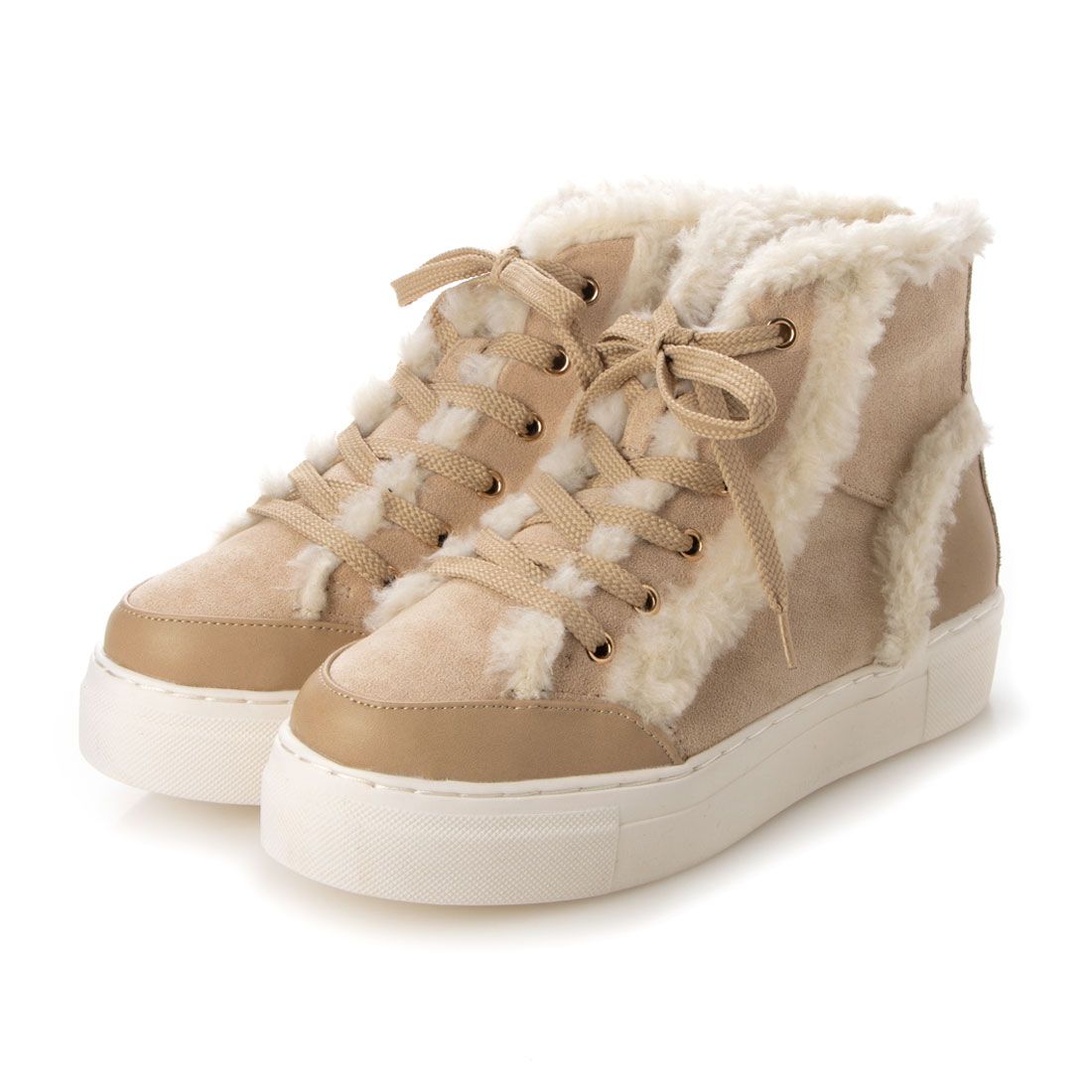シックス CHICS ファーコンビレースアップスニーカー,BEG
