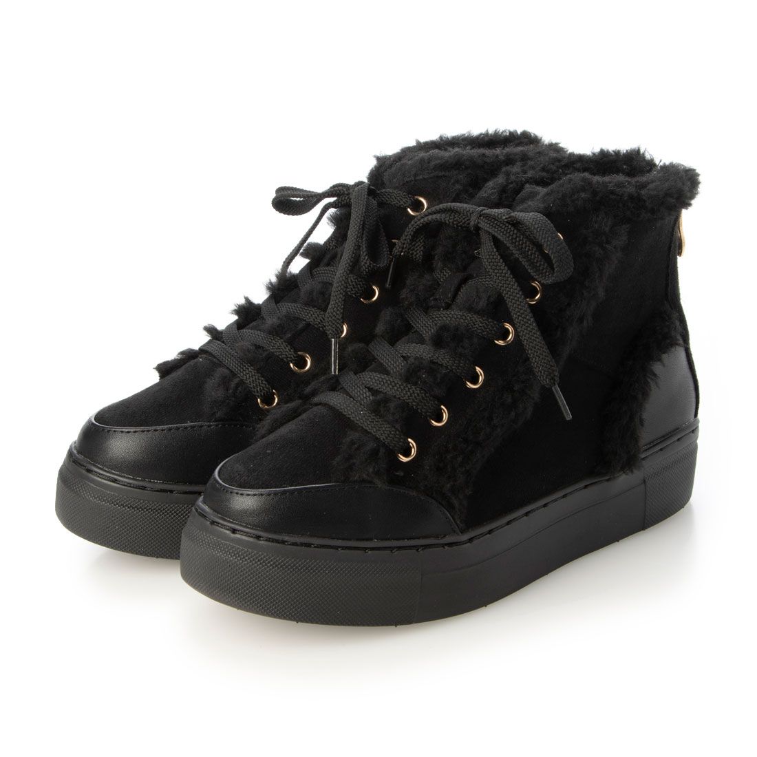 シックス CHICS ファーコンビレースアップスニーカー,BLK