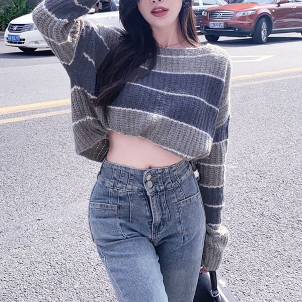 ゾエ ジェンコ Zoe Jenko ランダムボーダーショート丈ニットトップス 10294,グレー