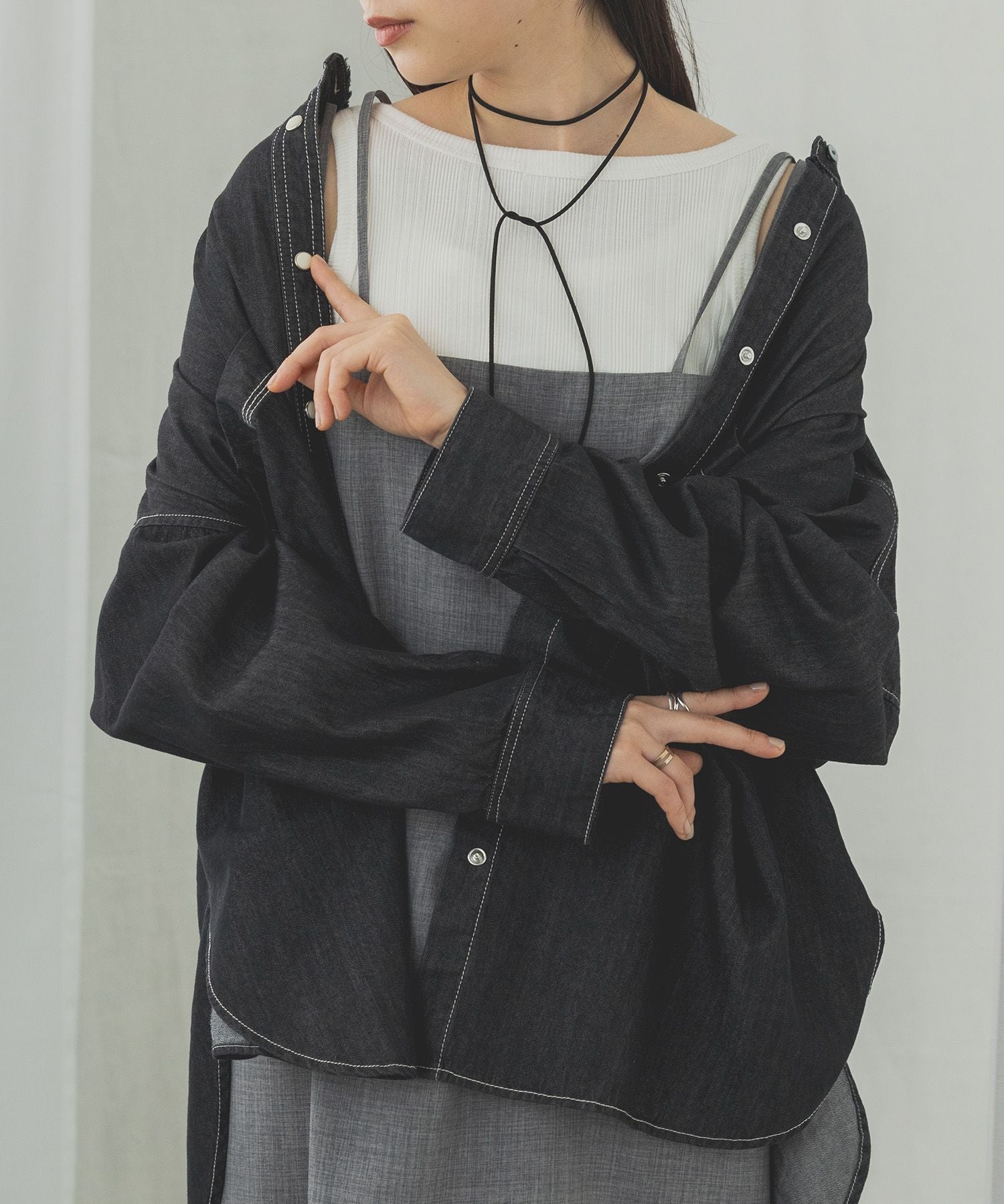 ハンチ hunch テンセルデニムオーバーシャツ,ブラック