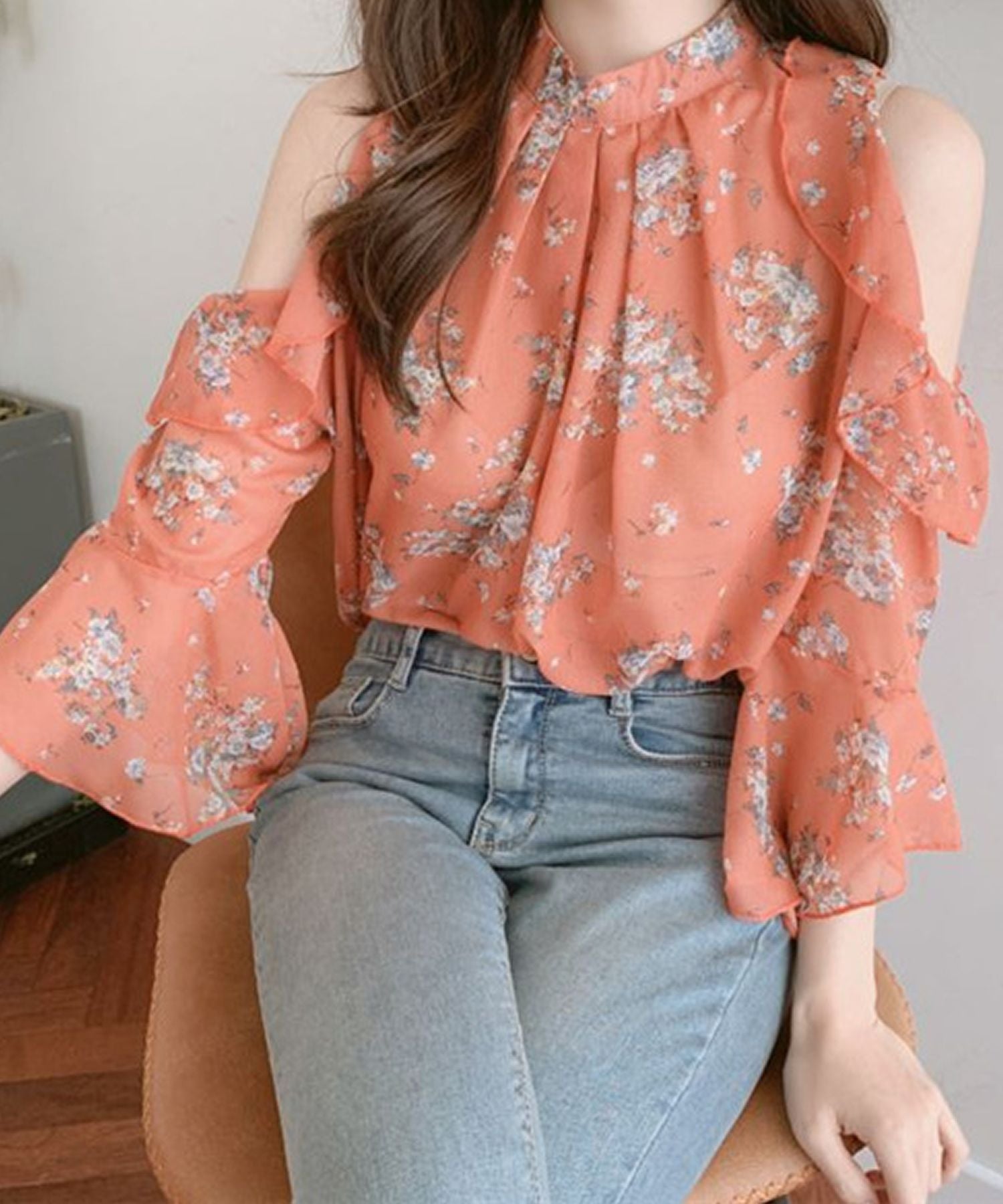 グランディール Grandeir オープンショルダー小花柄シフォンブラウス,オレンジ