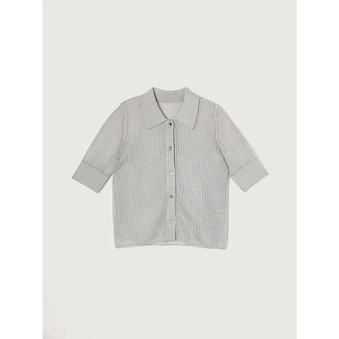 アニュアンス anuans ラメメッシュハーフスリーブニットポロシャツ,SILVER