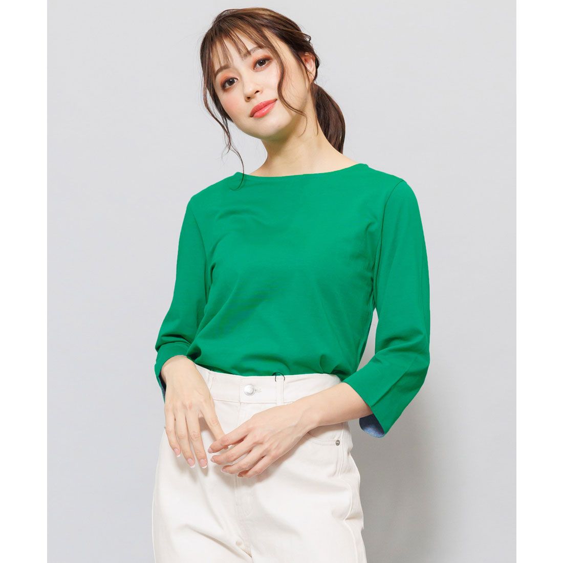 ミリアンデニ mili an deni 7分袖袖シャンブレー切替Tシャツ,グリーン