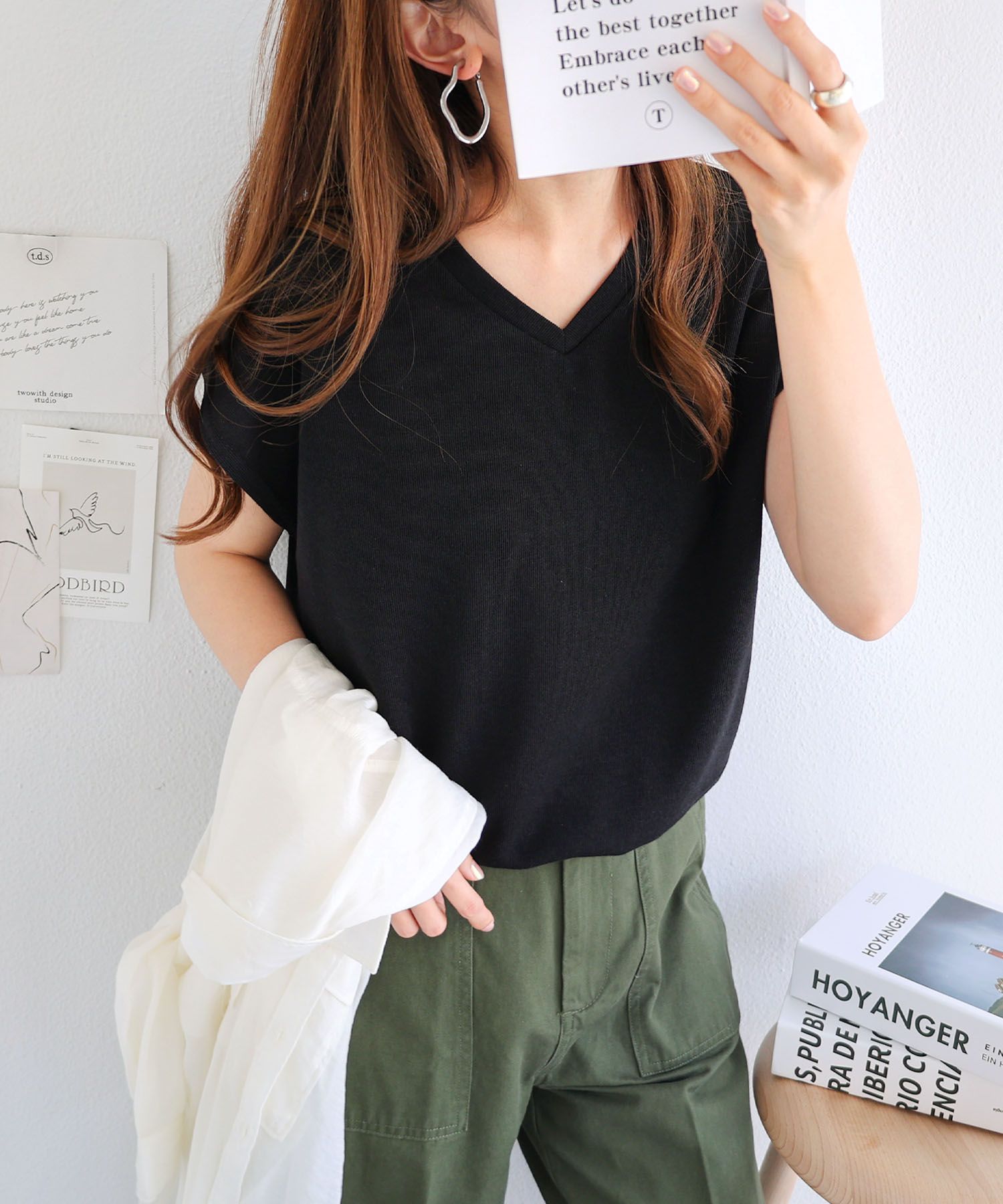 アンドミー andme L-9/フレンチスリーブVネックニットソートップス半袖ノースリーブTシャツ,ブラック