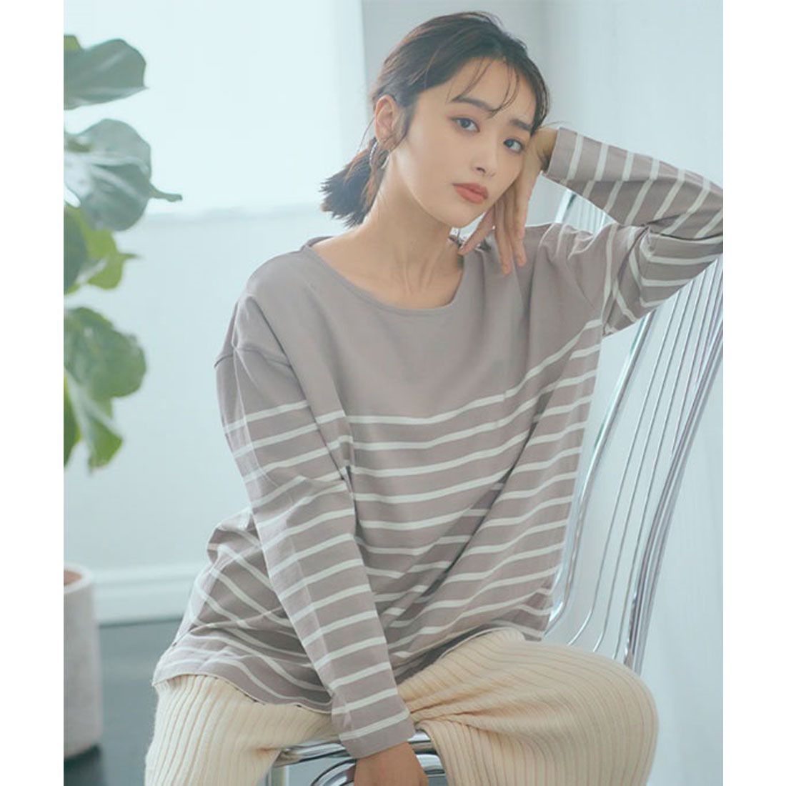 コウベレタス KOBE LETTUCE ゆったり シンプルカットソーチュニック 【パネル】 [C3864]  体型カバー Tシャツ ロングTシャツ チュニック 大きめサイズ,グレージュ×オフ