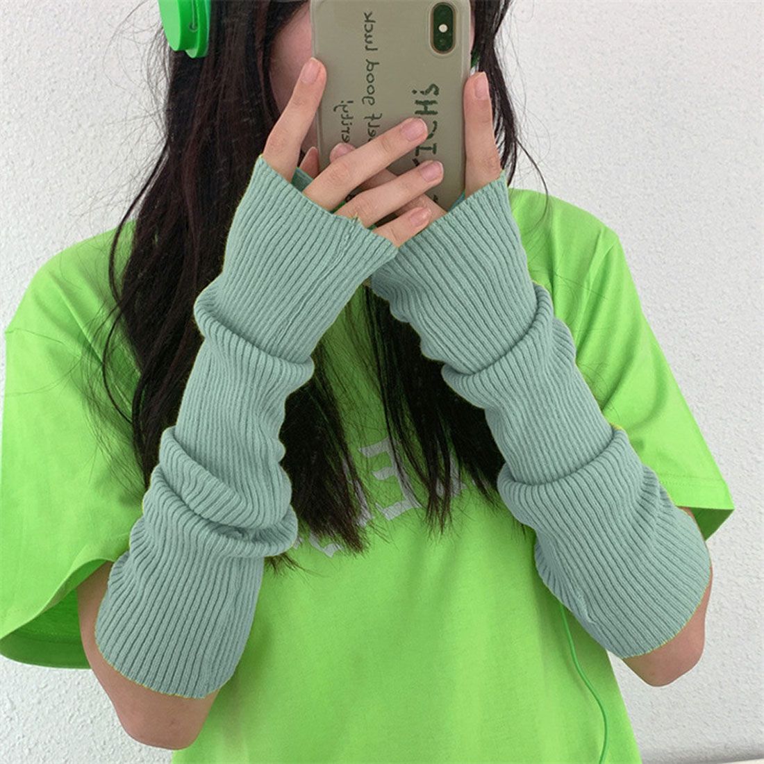 リアルスタイル REAL STYLE アームウォーマー リブニット ロング丈 伸縮性 アームカバー 手袋 手首  カラフル ダンス スマホ対応,ブルーグレー