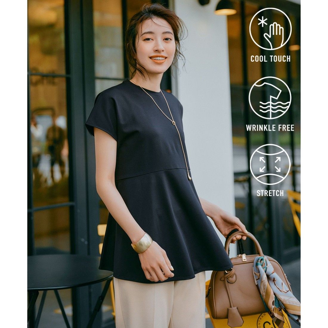 UNFILO 【接触冷感/ストレッチ/シワになりにくい】BEAUTY FORM ペプラムTシャツ,[NEW]ブラック