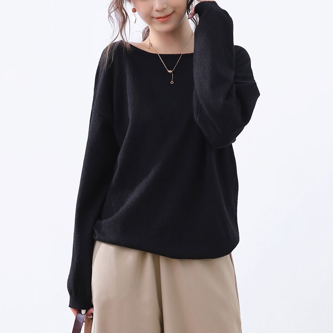 ドゥー ベル Doux Belle 秋新作 洗えるニット レディース/ トップス/ ニット カシミアタッチニット 長袖 秋 冬 オフィス,ブラック