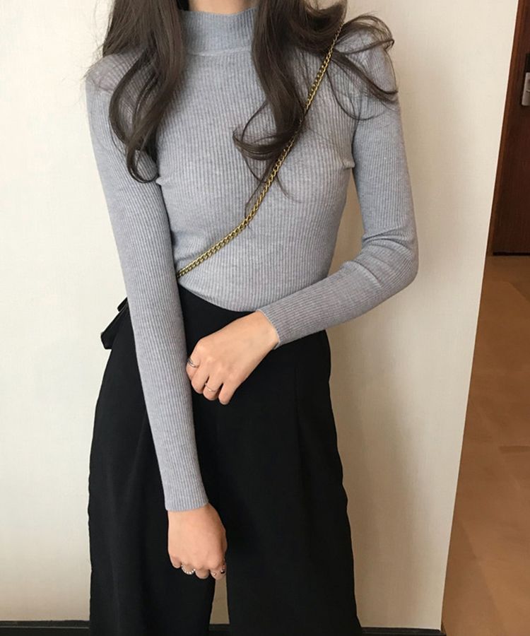 エスイーユー SEU 16色！リブニット 長袖 ハイネック 着痩せ レイヤード 重ね着 インナー 秋 冬 セーター シンプル 韓国ファッション,グレー