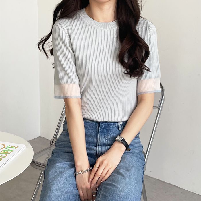 ジーラ GeeRA 袖口シアーリブニット【返品不可商品】,ブルーグレー