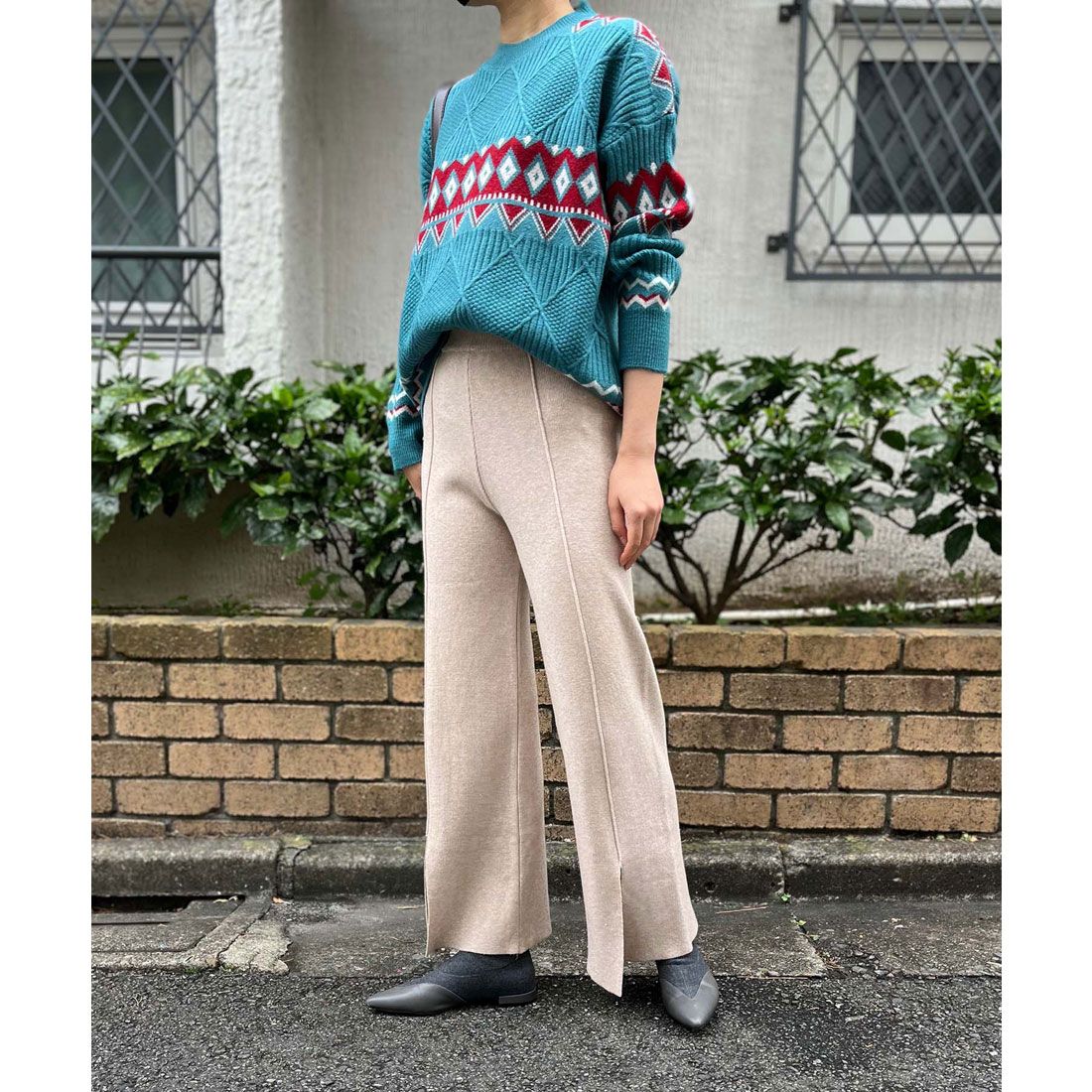 ジュエローブ Jewelobe センタースリットニットリラックスパンツ,ベージュ