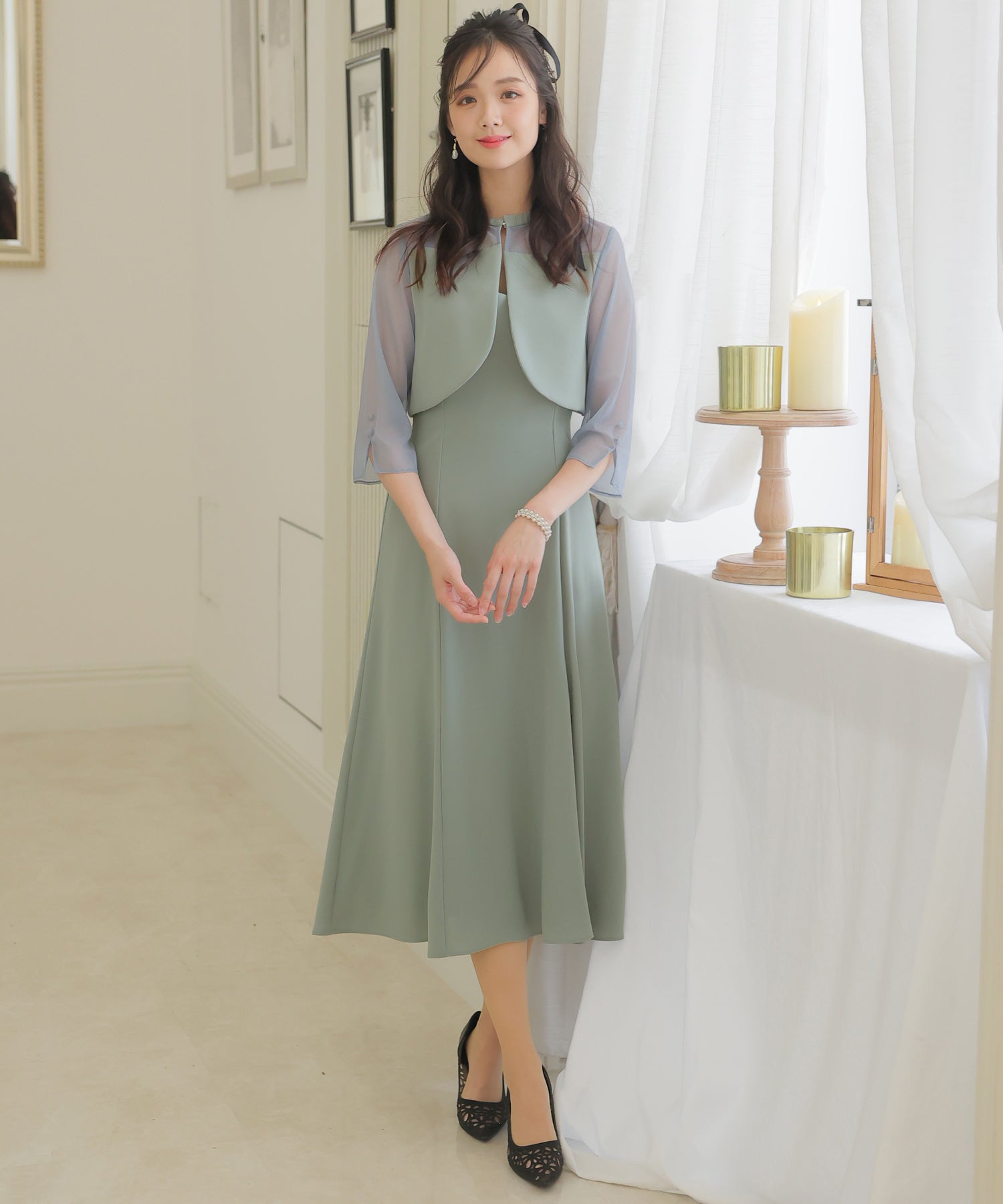 プールヴー PourVous 2Wayトップスパーティードレスお呼ばれミモレ丈&七分袖結婚式フォーマル ワンピース 20代 30代 40代 （グリーン） グリーン