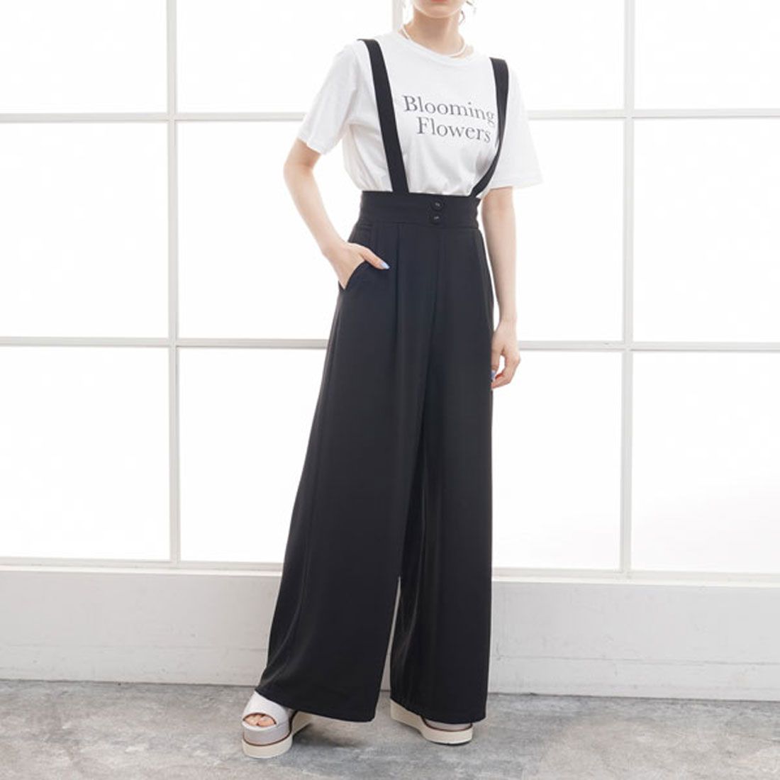 ユメテンボウ 夢展望 サス付きワイドパンツ,ブラック