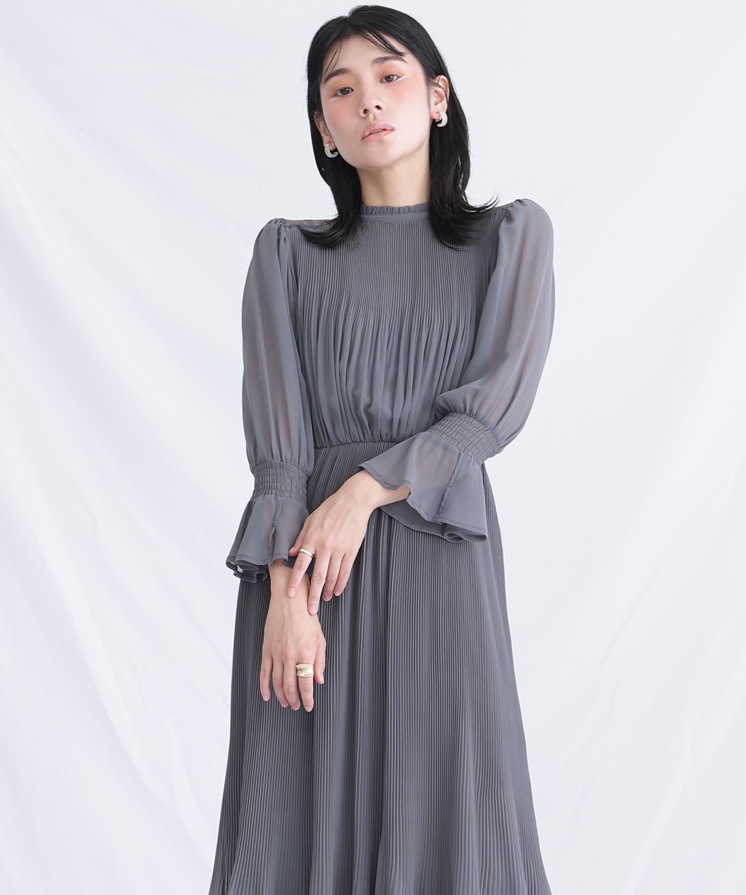 プールヴー PourVous シフォンパーティードレスお呼ばれ袖あり&ミモレ丈結婚式フォーマル ワンピース 20代 30代 40代 （ダークカーキ） ダークカーキ
