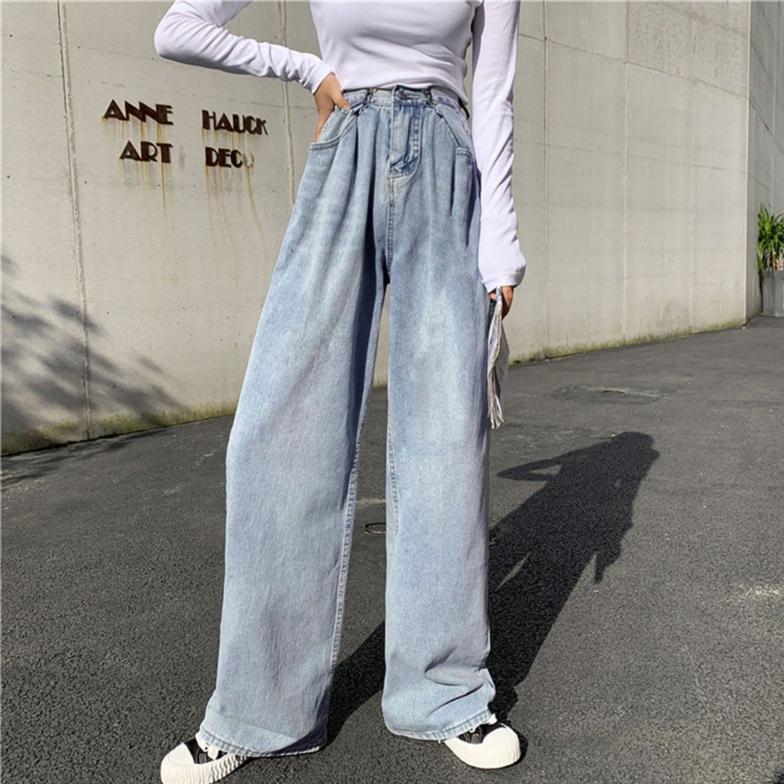 ハイウエスト デニム ワイドパンツ 韓国,サックス