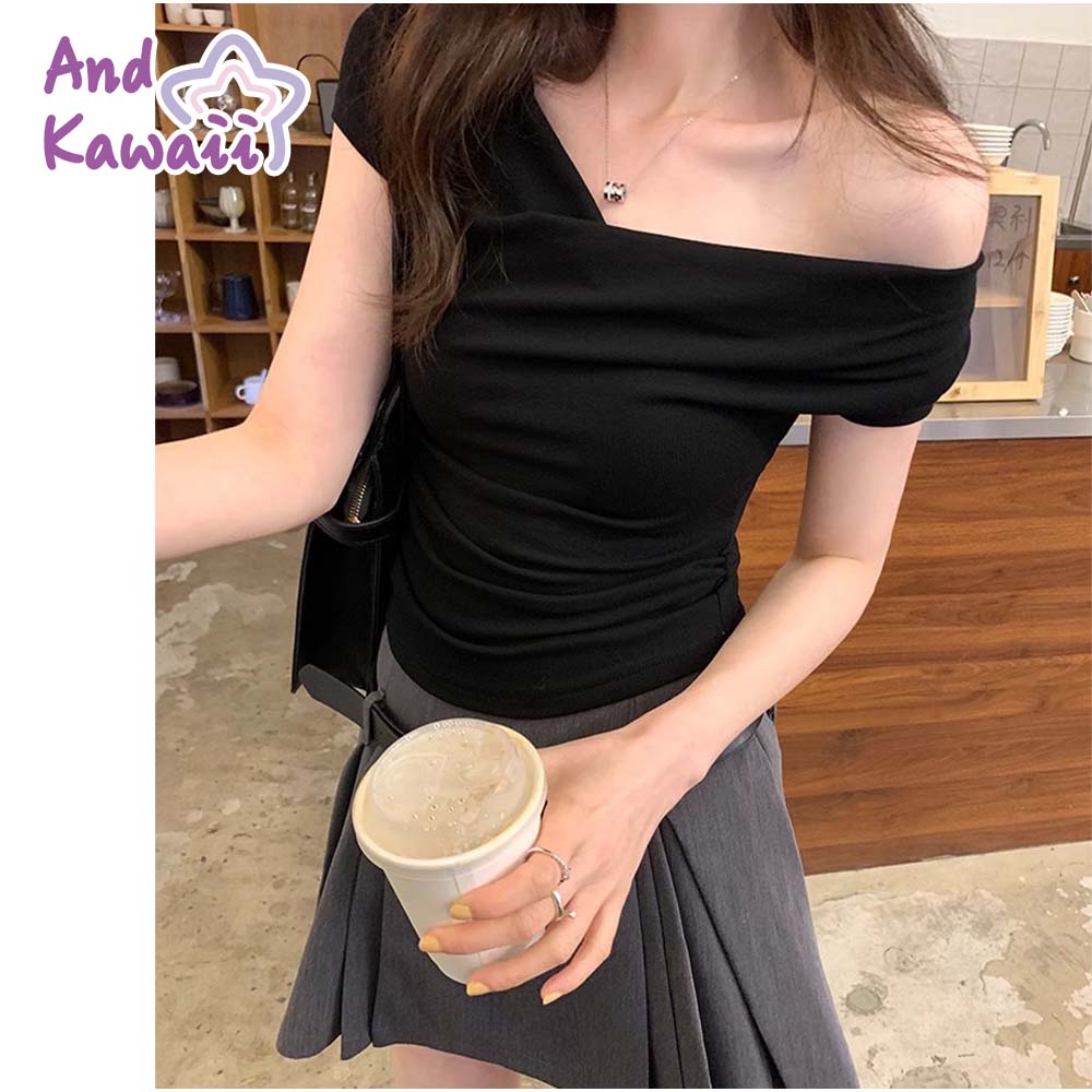 アンドカワイイ And Kawaii Tシャツ 半袖 オフショルダー2way ショート丈Tシャツ 肩だし 韓国ファッション （ブラック） ブラック