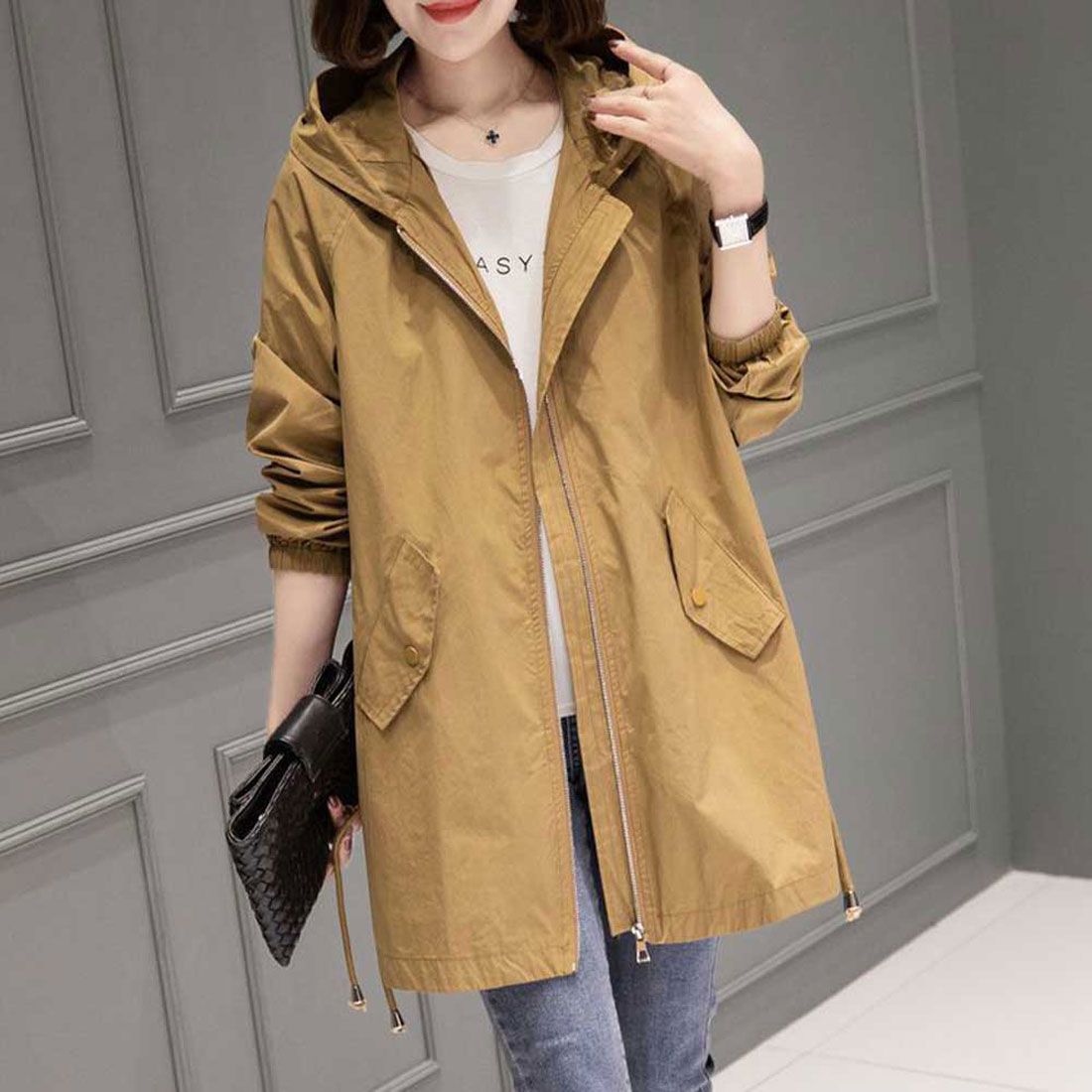 アミュレット Amulet マウンテンパーカー レディース アウター 春 秋 秋服 冬服 無地 フード 10代 20代 30代 体型カバー カジュアル ポケット 長袖,ベージュ