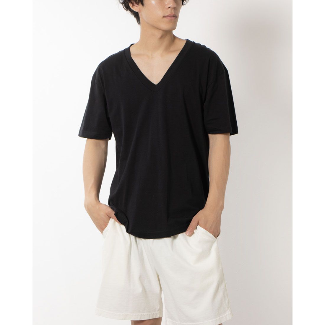 ロサンゼルスアパレル LOS ANGELES APPAREL FINE JERSEY V-NECK T-SHIRT,BLACK