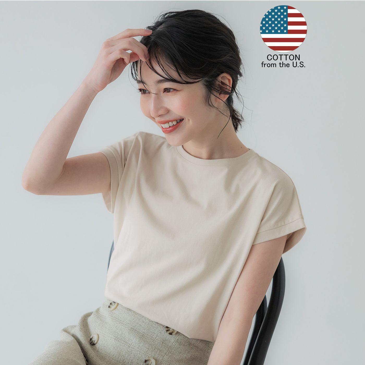 コカ coca COTTON from the U.S.フレンチスリーブUネックTシャツ,Lt.beige