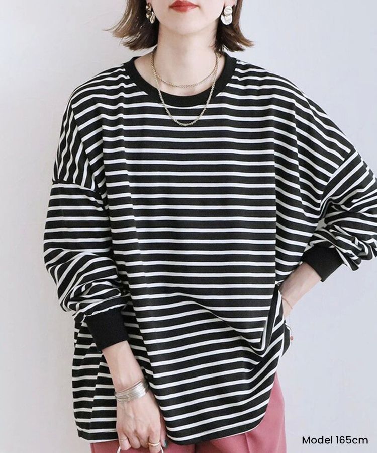 エスイーユー SEU 綿100％！2Type選べるオーバーサイズTシャツ トップス プルオーバー 体型カバー ゆったり 韓国ファッション,ブラック×ホワイト