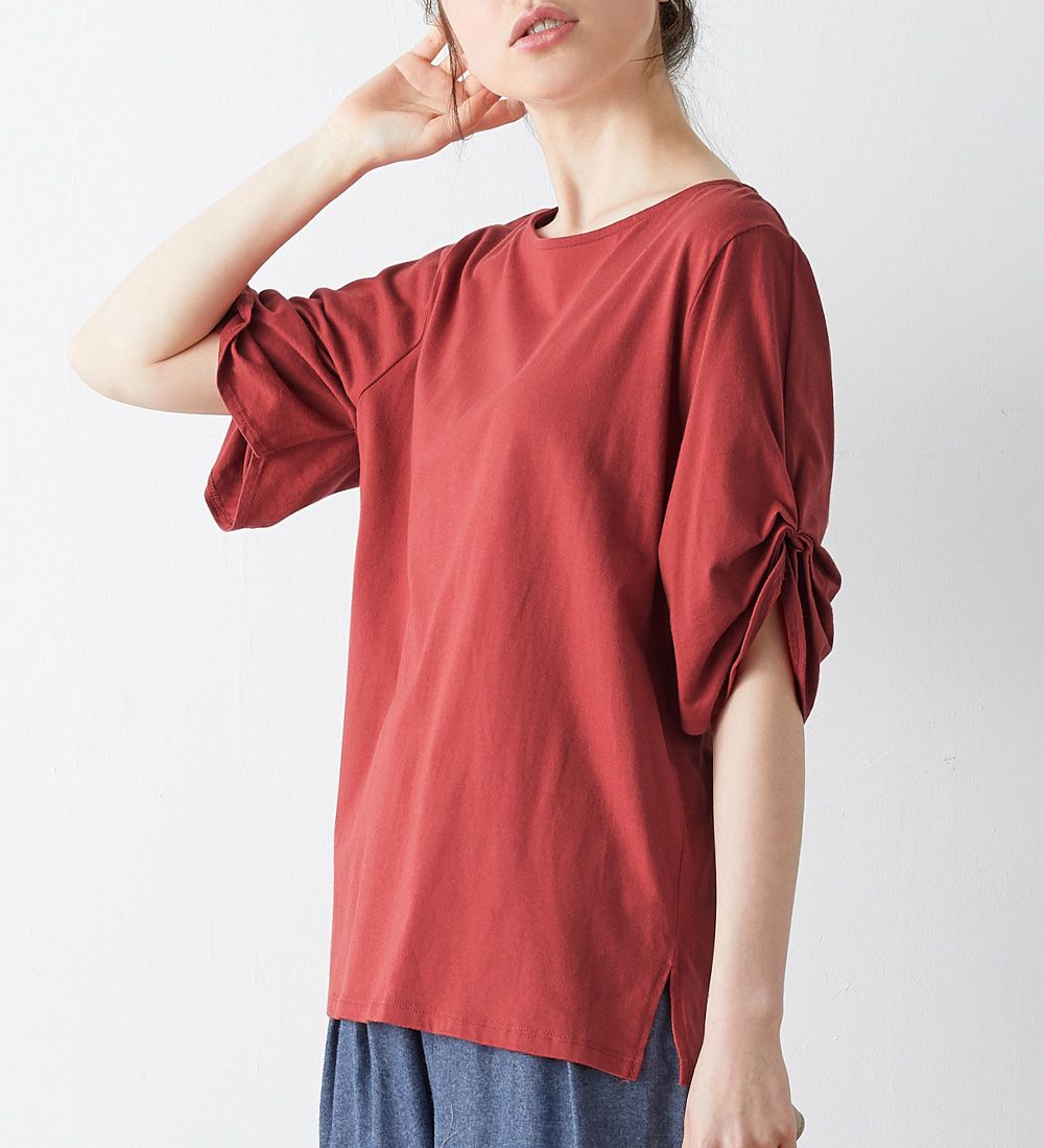 綿１００％袖タックＴシャツ,レンガ