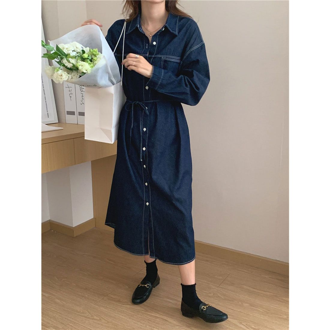 Jewelobe Chest Pocket Denim Shirt Dress