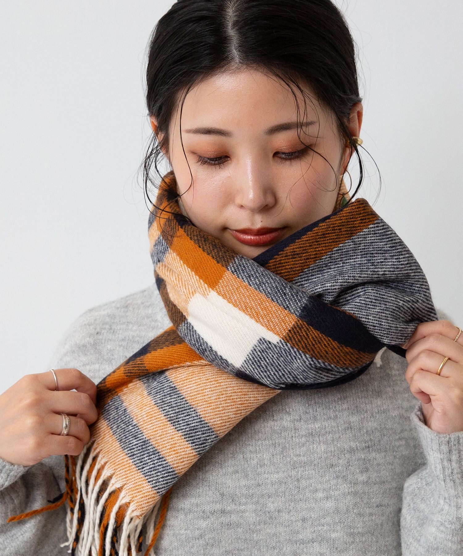 ウェレッグ セレクト welleg sellect ふわとろ大判ストール,ネイビーxオレンジ
