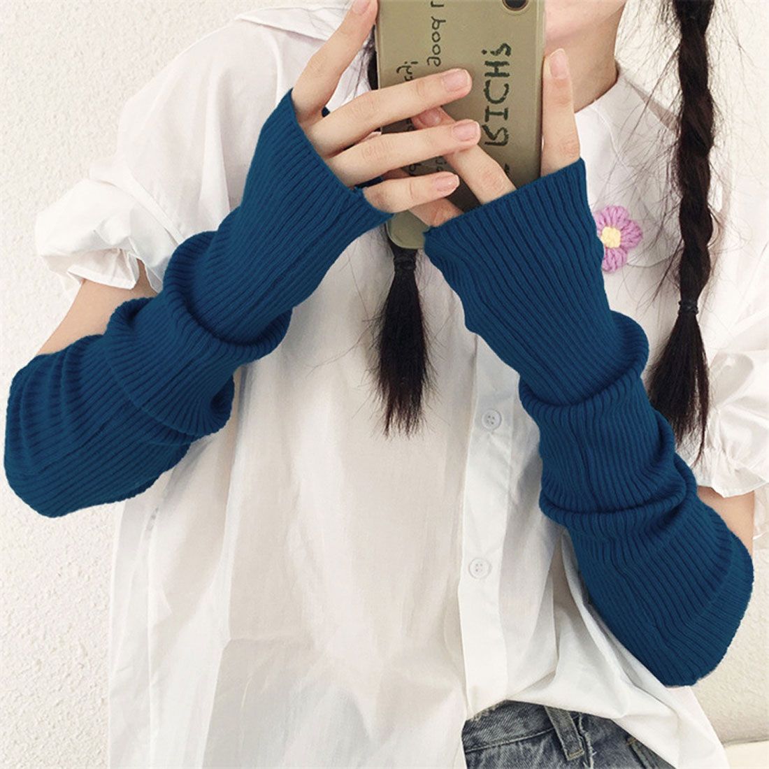 リアルスタイル REAL STYLE アームウォーマー リブニット ロング丈 伸縮性 アームカバー 手袋 手首  カラフル ダンス スマホ対応,ブルー