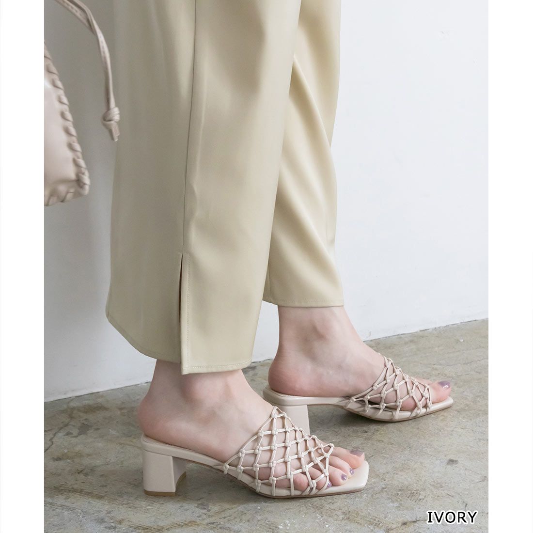 ランダ RANDA ソフト メッシュ編みミュールサンダル,IVORY