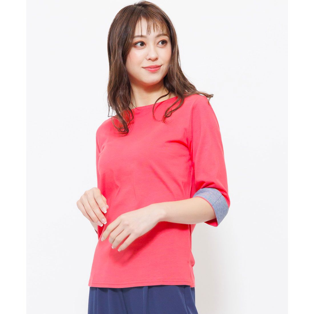 ミリアンデニ mili an deni 7分袖袖シャンブレー切替Tシャツ,ローズ