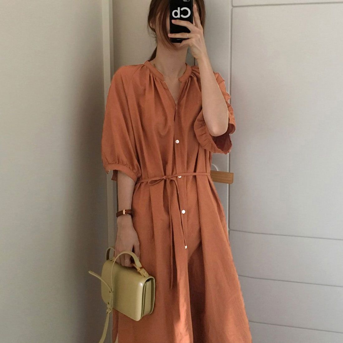 ジュノア JUNOAH スタンドカラーマキシ丈シャツワンピース 韓国ファッション