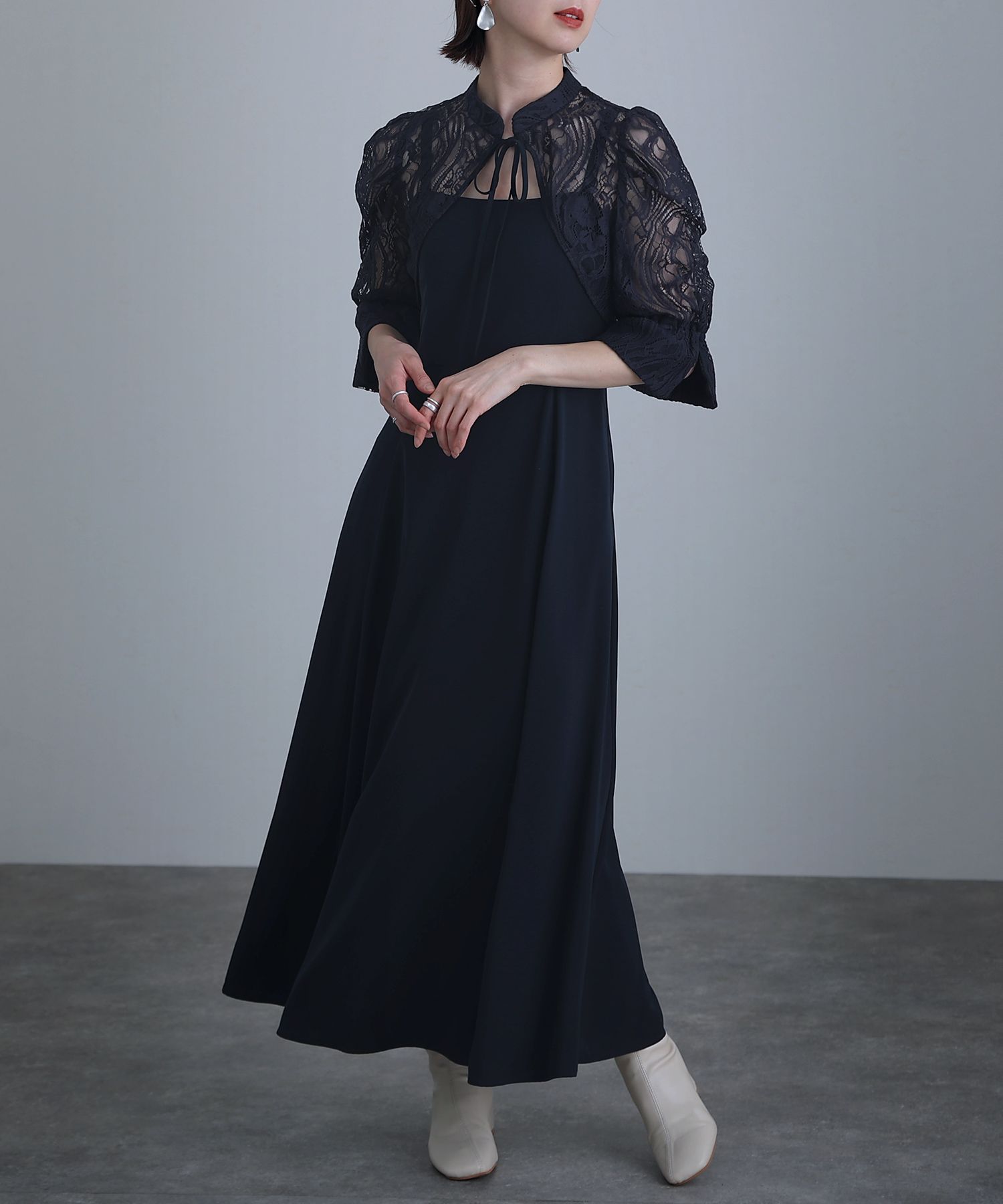 プールヴー PourVous ボレロパーティードレスセレモニーミモレ丈&袖あり結婚式フォーマル ワンピース 20代 30代 40代,ネイビー