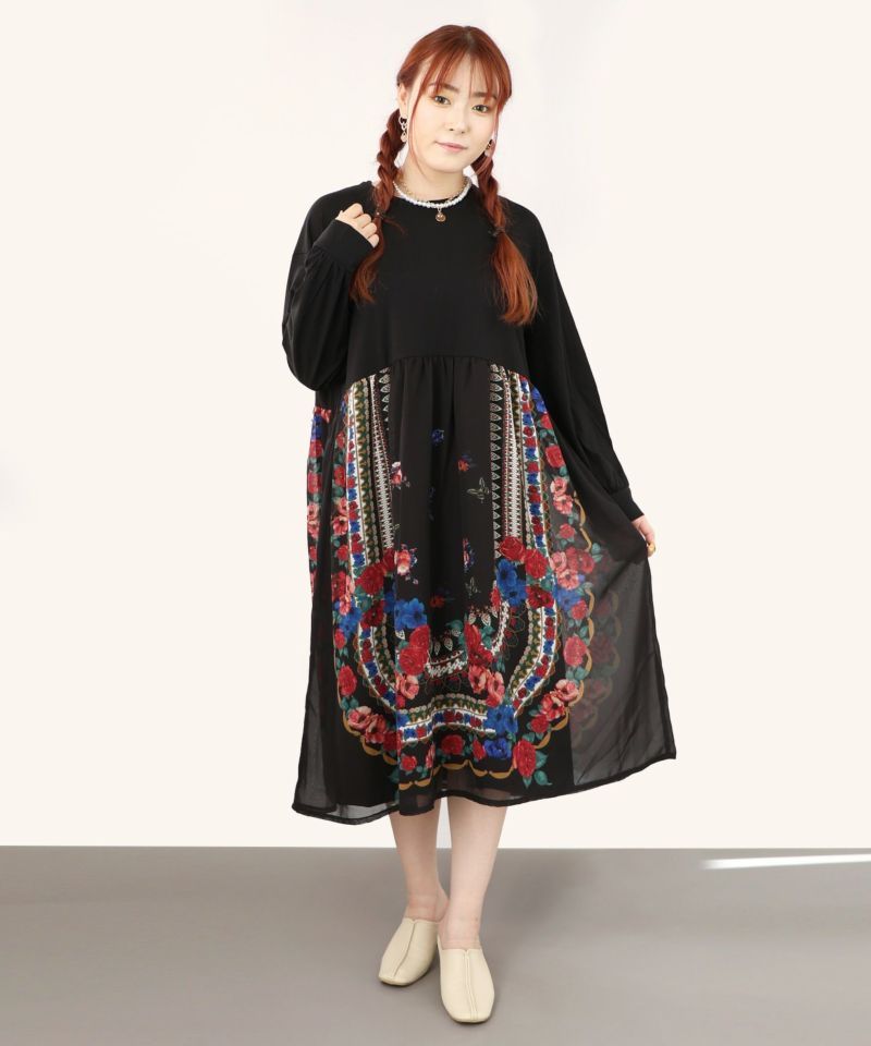 スカラー ScoLar 花蝶柄シフォン重ねワンピース,ブラック
