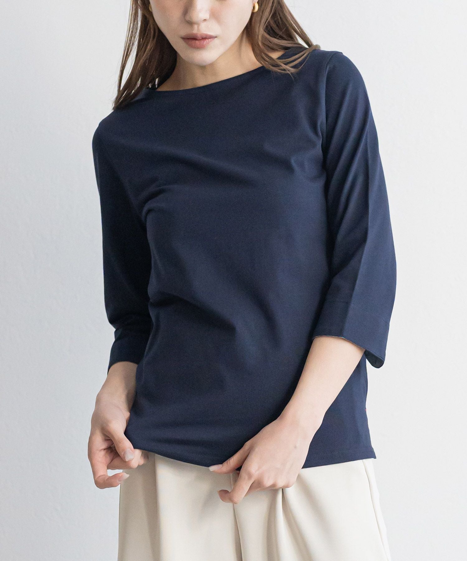 ミリアンデニ mili an deni 7分袖袖シャンブレー切替Tシャツ