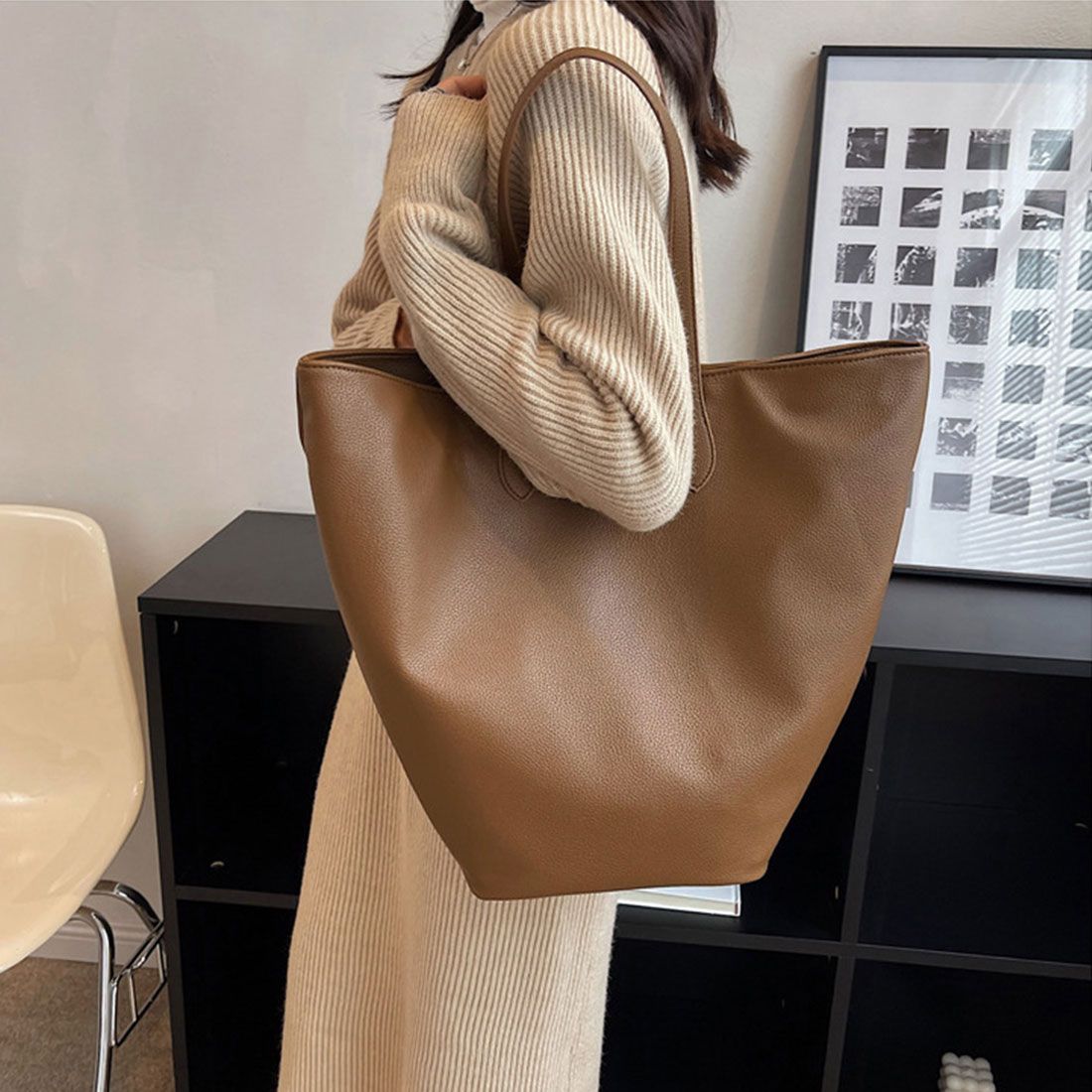 PU leather tote bag, large capacity, retro