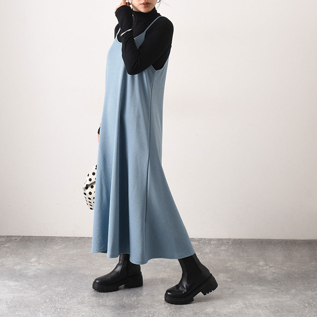リアルスタイル REAL STYLE ワンピース キャミソール キャミワンピ ロング 冬  速乾 マタニティ Aライン エンボス 体型カバー （ライトブルー） ライトブルー
