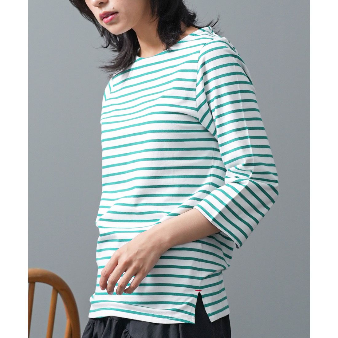 ミリアンデニ mili an deni 7分袖袖シャンブレー切替Tシャツ