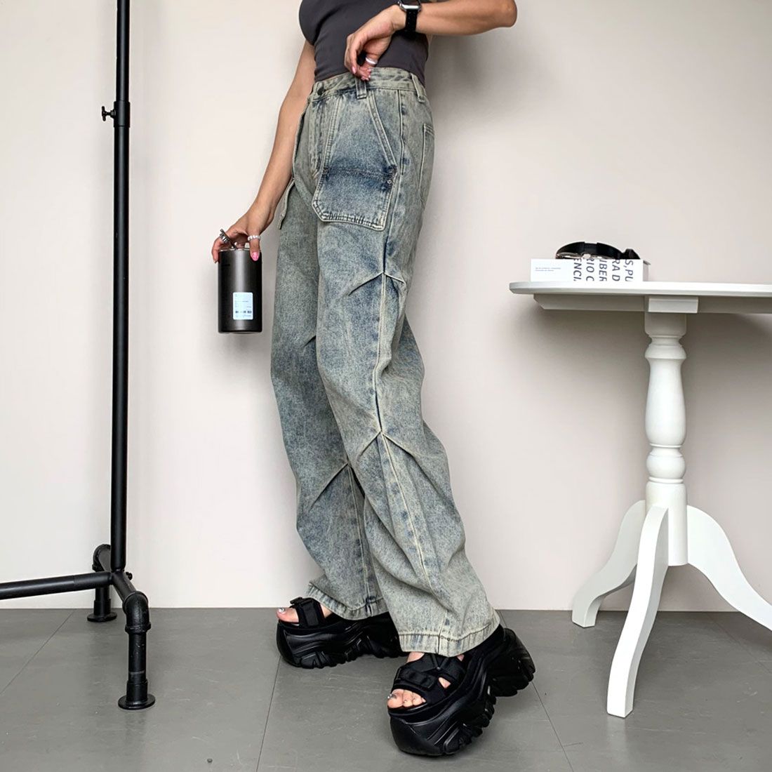 ノンヘッジ non-hedge サイドタックデニムパンツ,ブルー