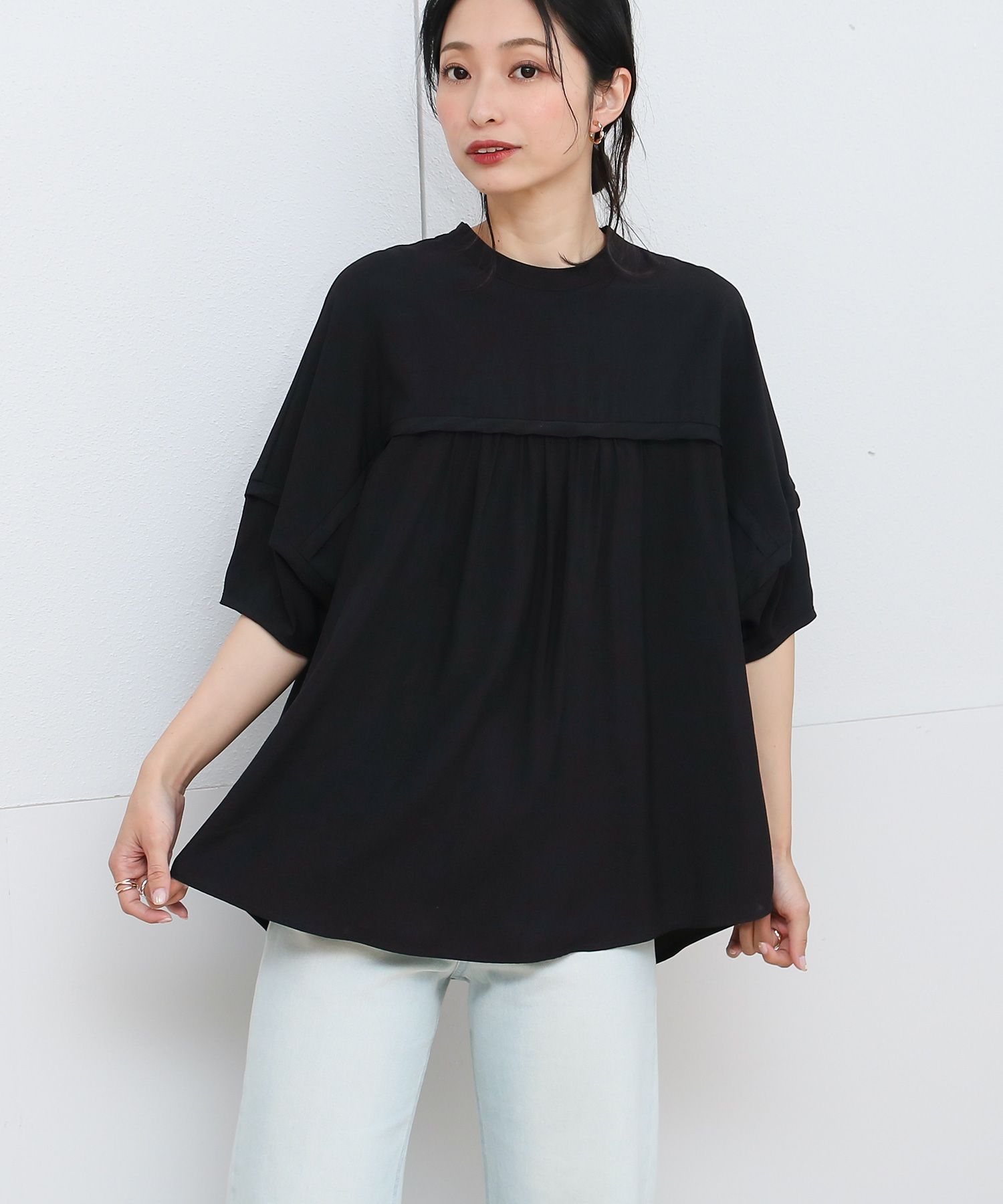 ソーシャルガール SocialGIRL ヨーク切替ギャザー半袖ブラウス,ブラック