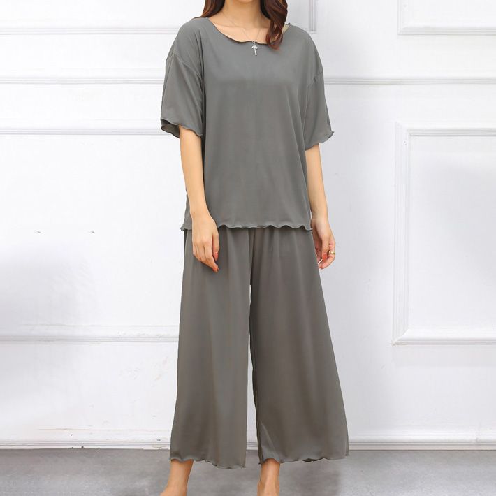 アイカ ica ストレッチ性抜群 薄手リブカットソー 裾メローデザイン 無地 ゆったり半袖Tシャツ＆七分丈ワイドパンツ パジャマ 上下セット,DGR