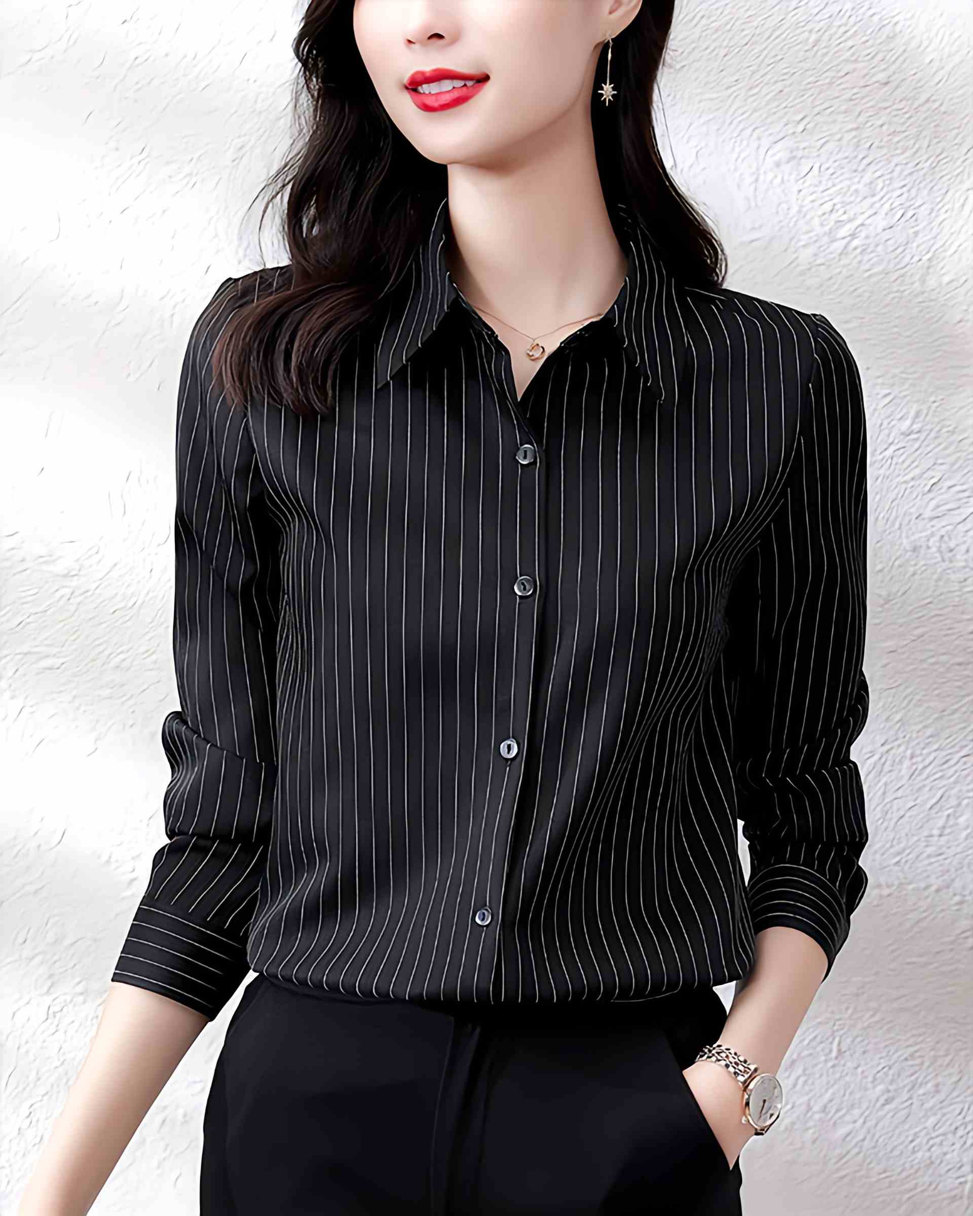 リリーオブバリー Lily of Valley シンプル ストライプ ベーシック ブラウス トップス シャツ 上品 長袖 事務服 きれいめ,BK