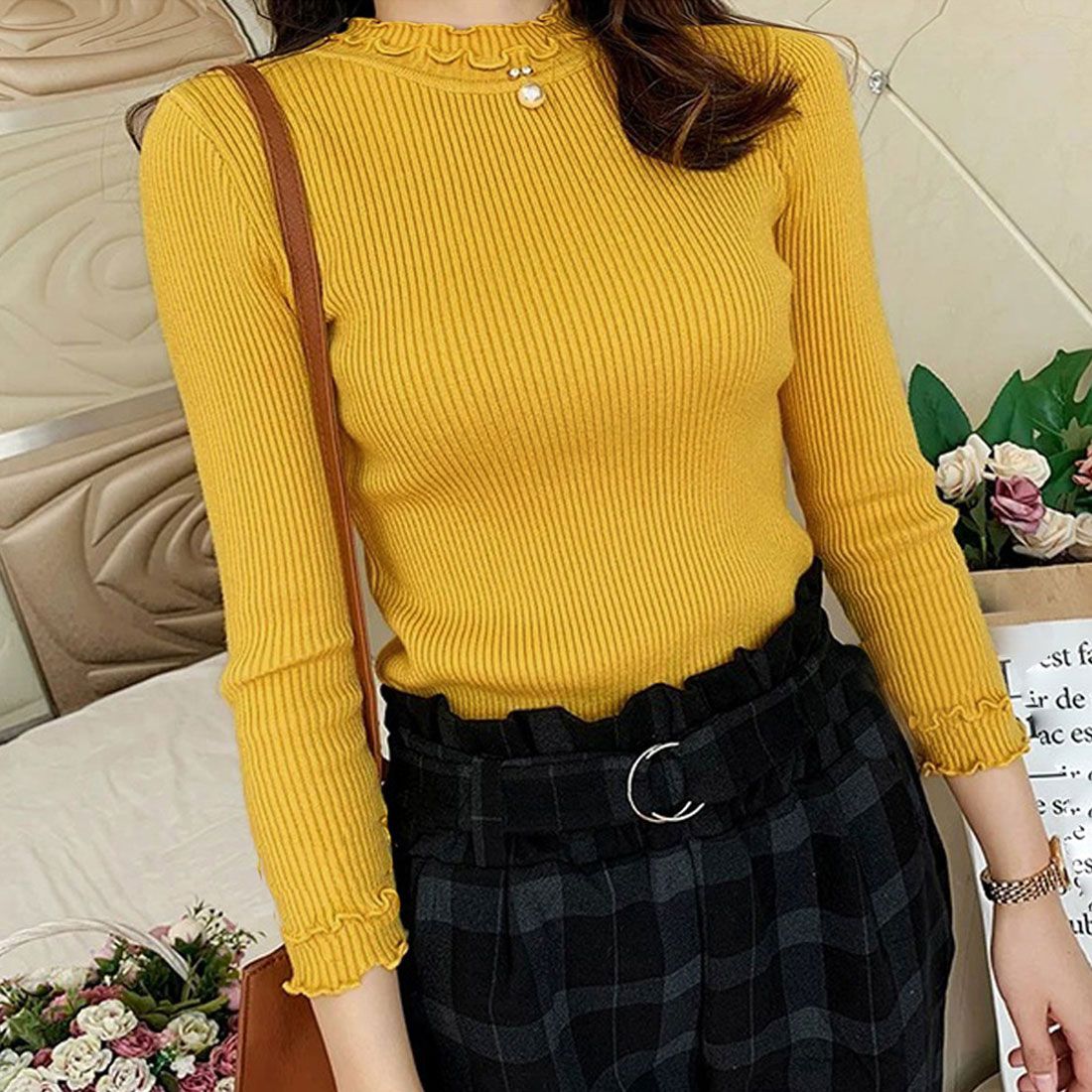 Crew neck knit, long sleeves, women's, 7 colors