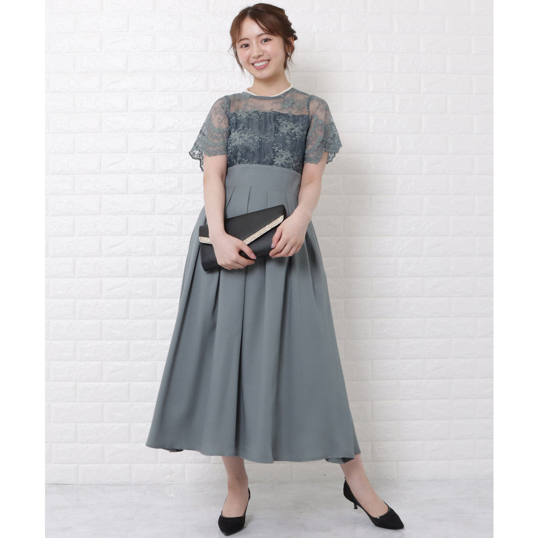 レースレディース Lace Ladies レース切替ハイウエストタックプリーツワンピースドレス （ミントグレー） ミントグレー